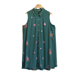 FIGUEROA & FLOWER Women's Large Green Floral Embroidered Sleeveless Midi‎ Dress